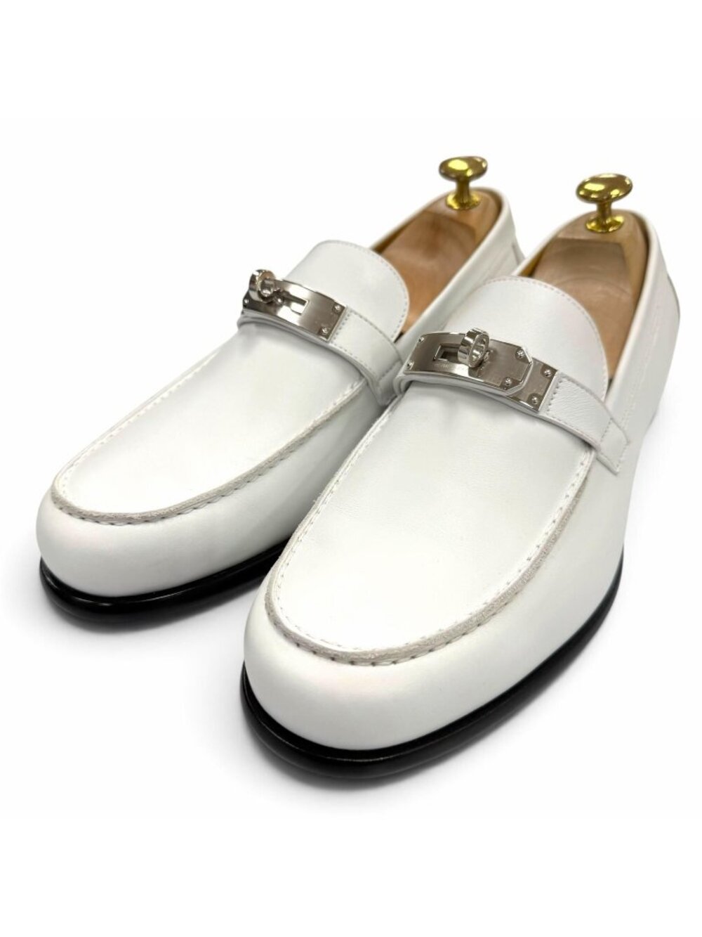 Hermes Moccasins Destin Silver Kelly Buckle Tip Leather Shoes Loafers White
